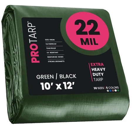 Protarp Heavy Duty Tarp, 10 ft x 12 ft, 22 Mil, Green/Black, Polyethylene, Waterproof, Rip and Tear Proof PT-203-10X12